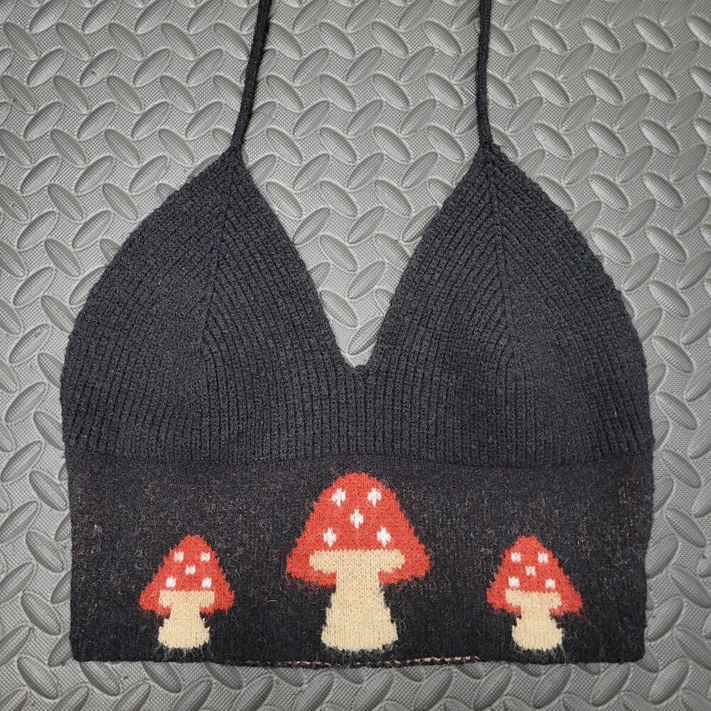 Mushroom Knit Bralette Crop Top Black Red Whimsigoth Fairycore Cottagecore Small